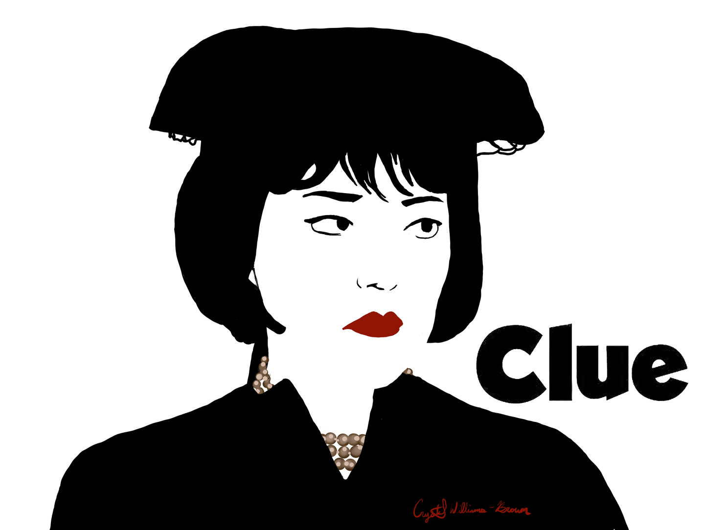 stylized simplified redition of Mrs. White from clue done in minimal colors with strong contrast