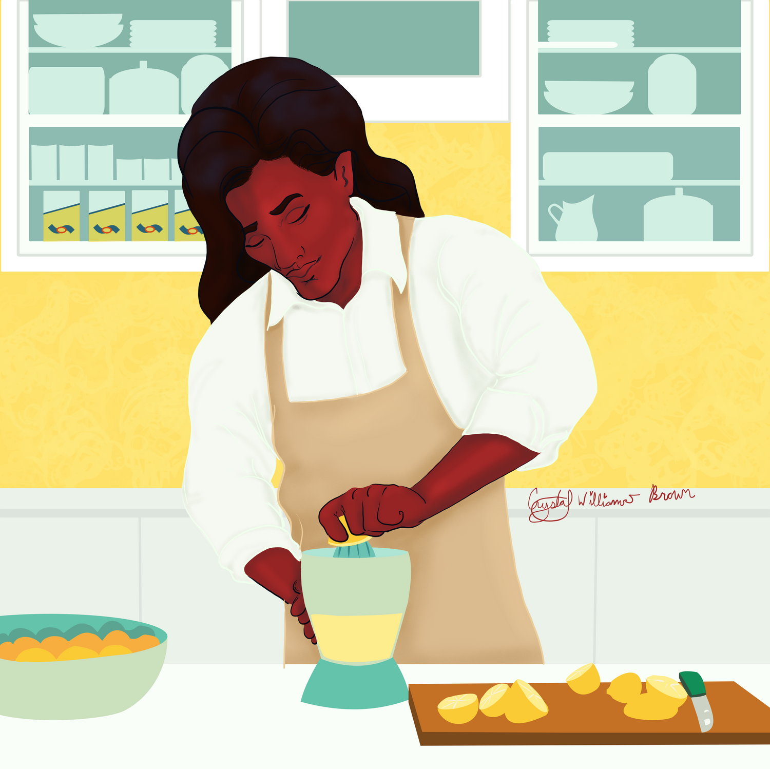 man in a dress shirt and apron making lemonade from scratch with a peaceful expression