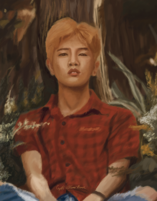Donghun from ACE resting against a tree in the woods, dressed in flannel and jeans