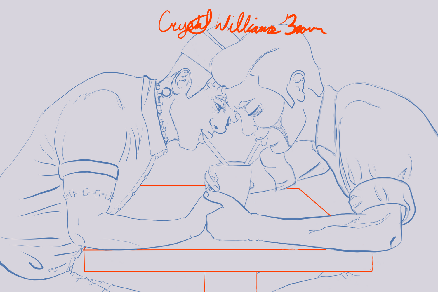 frankenstein's monster and a zombie sharing a milkshake, dressed like a 50s waiter and mechanic respectively