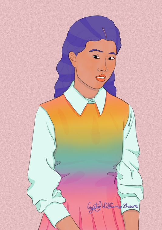 rainbow colored portrait of a woman with long wavy hair wearing a dress over a blouse