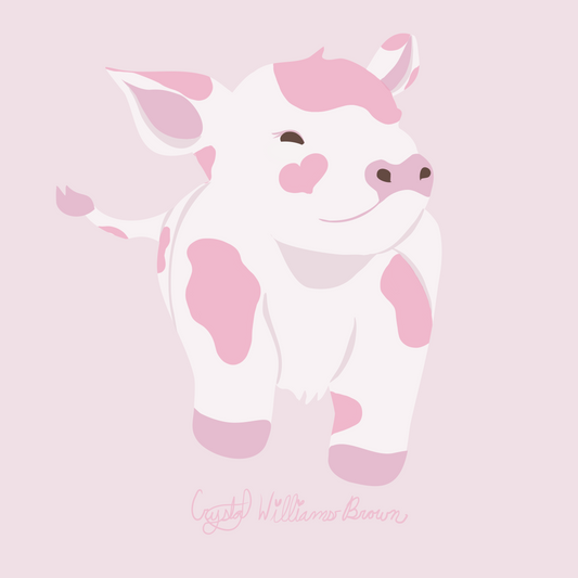 a frolicking cow calf with pink spots and a heart shaped spot on its cheek