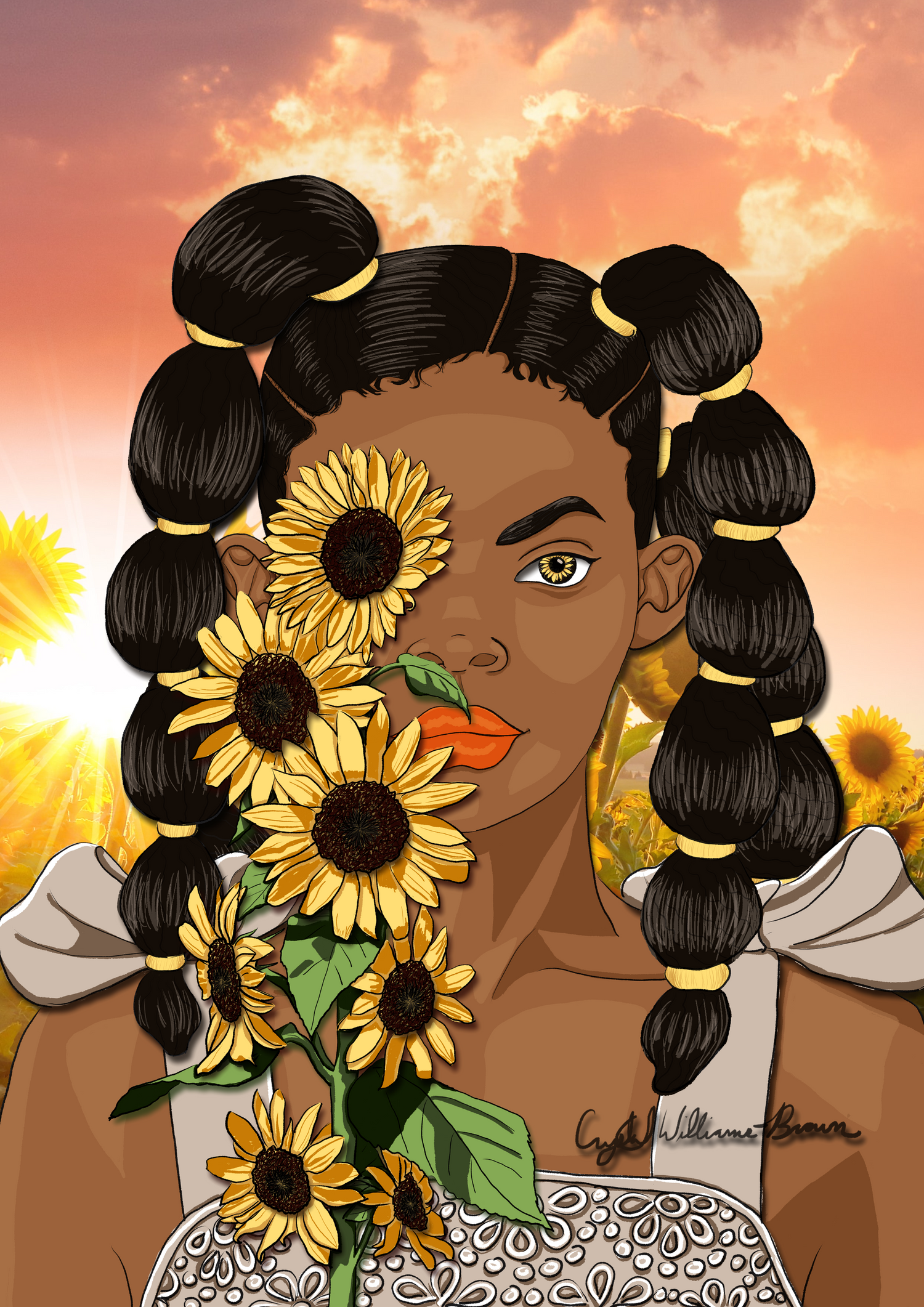 girl wearing a dress and standing in a field of sunflowers, her hair done in bubble braids